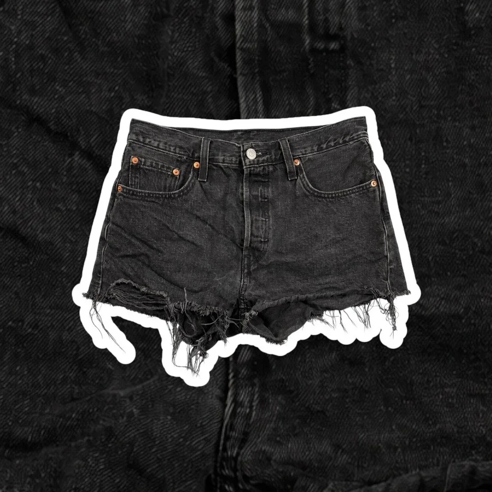Levis 501 Womens High Waisted Denim Shorts Black Cut Off Distressed Button Fly